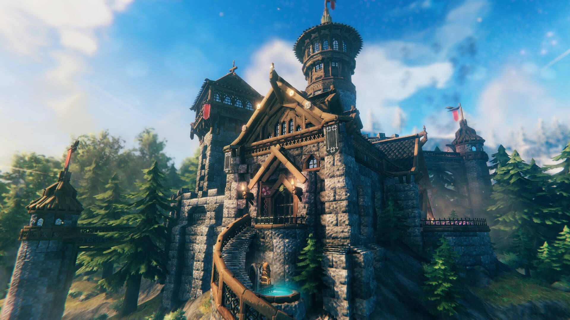 In game image of a spiral castle entrance made of wood and stone.