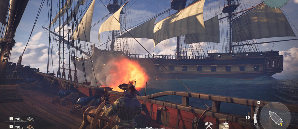 Two pirate ships fire cannons at each other