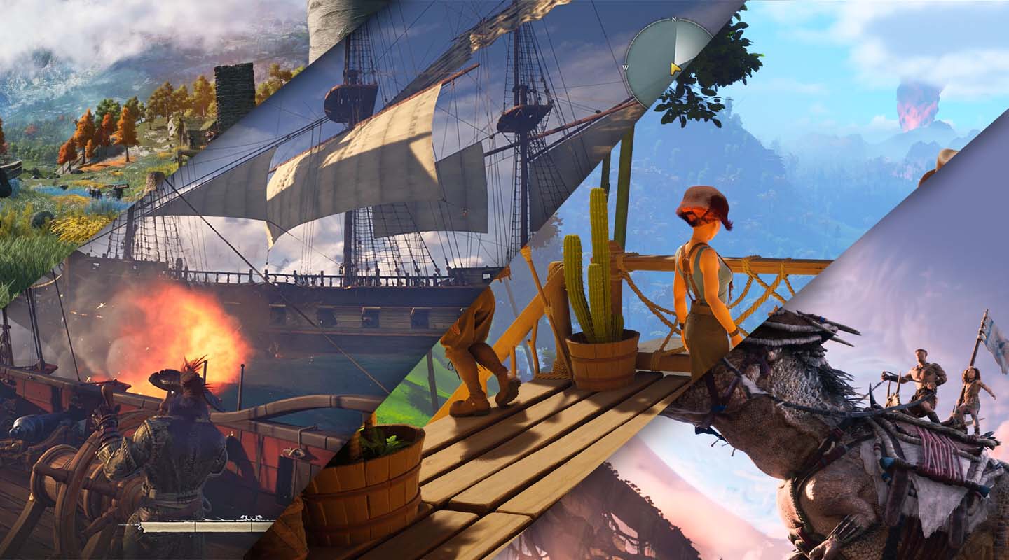 A collage of in game screenshots of different survival games.