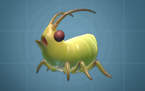 A small green critter with big black eyes