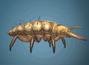 A grey larva with big horns on a blue background