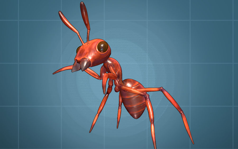A red worker ant on a blue background