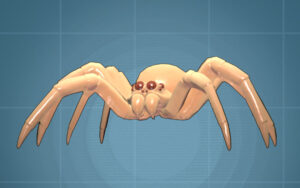 A small white spiderling on a blue background