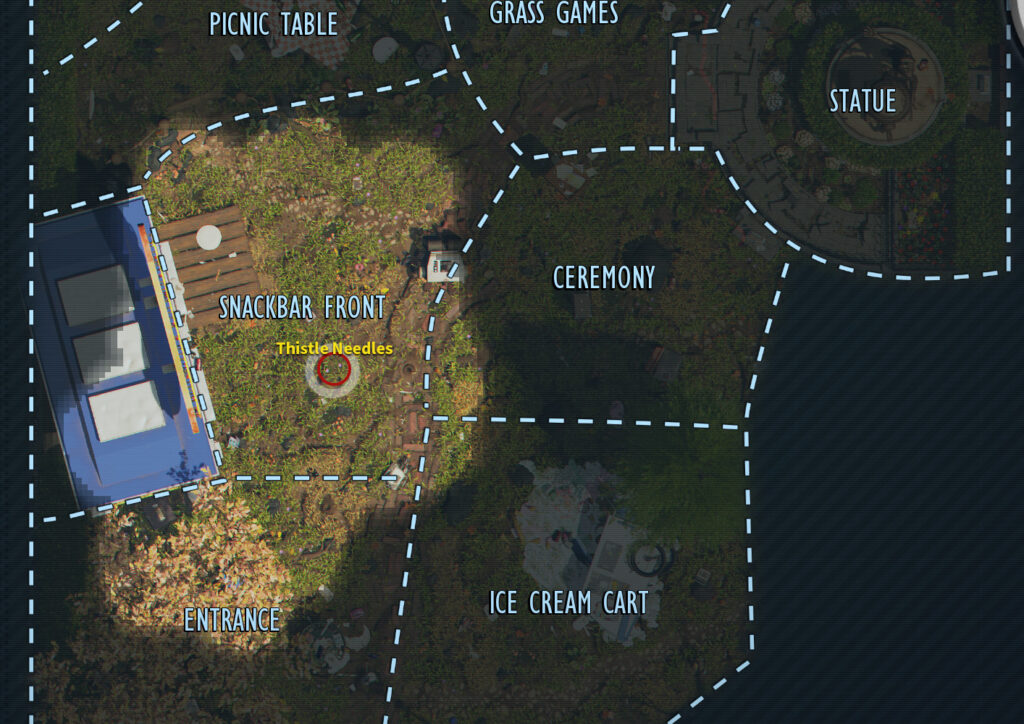 Map of the park with thistle needle location marked in south east of the deck.